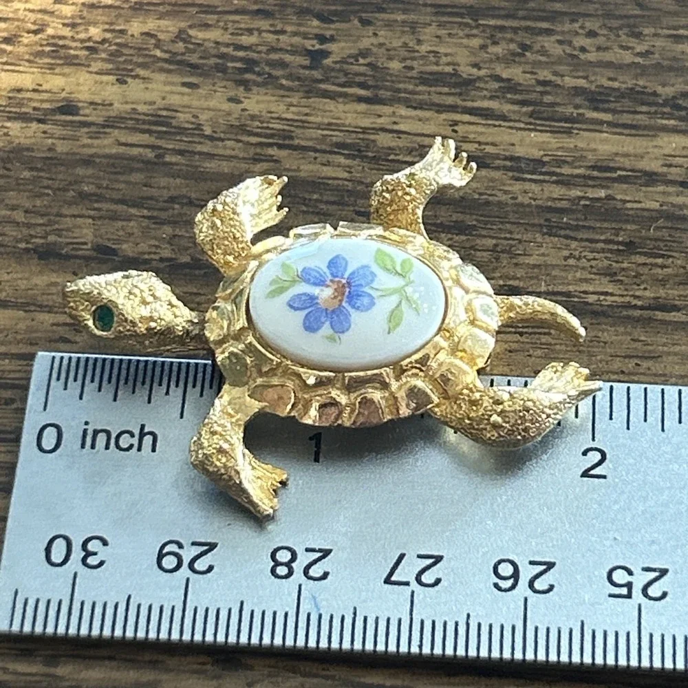 Vintage Turtle Brooch Gold Tone Floral Cabochon Green Eyes Figural Pin